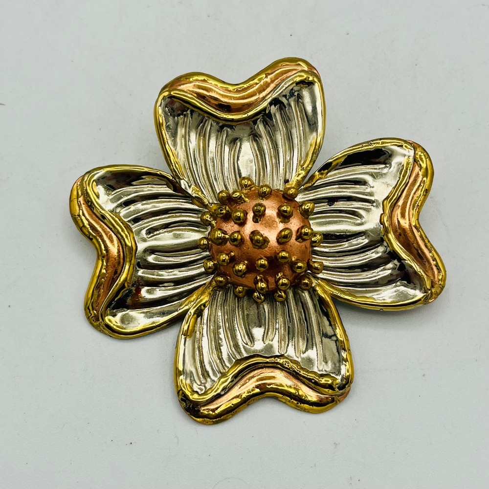 Vintage Silver Gold Copper Dogwood Flower Brooch Pendant Large Mixed Metal Pin